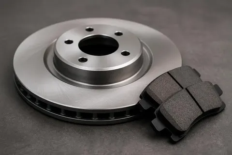 Brake rotor and caliper exposed during a brake service inspection