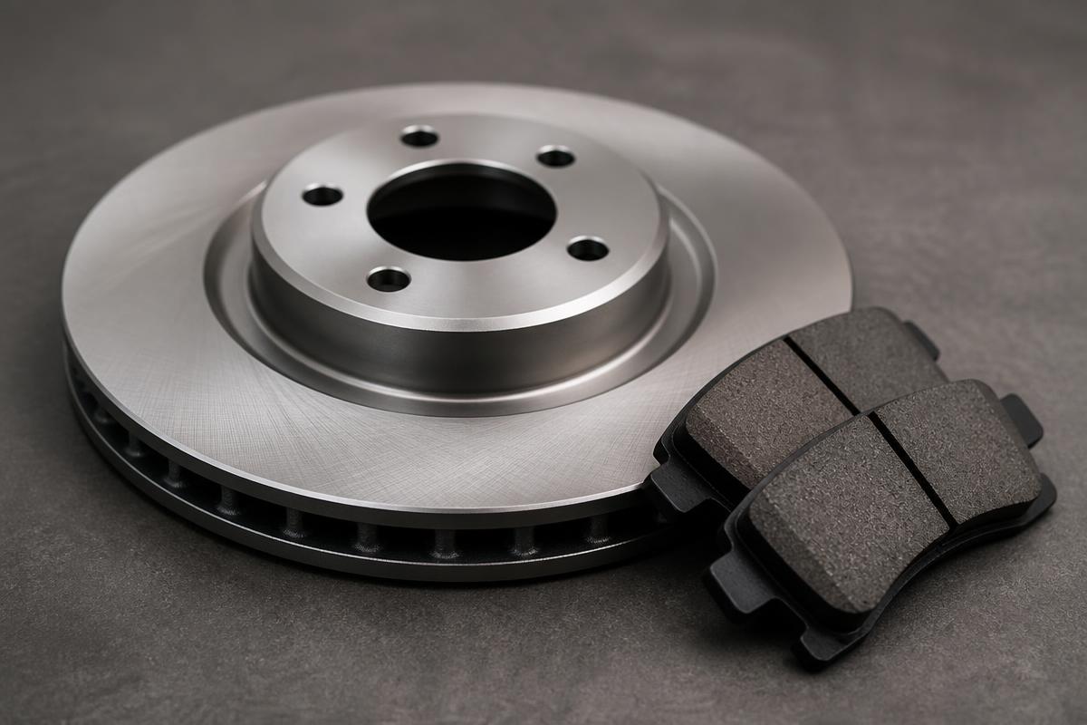 Brake rotor and caliper exposed during a brake service inspection