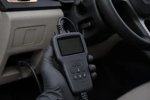 Diagnostic scan tool connected to a vehicle during automotive diagnostic service