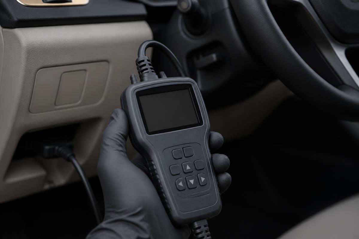 Diagnostic scan tool connected to a vehicle during automotive diagnostic service