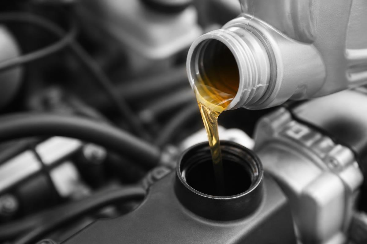 Fluid level being checked in an engine bay during preventive vehicle maintenance