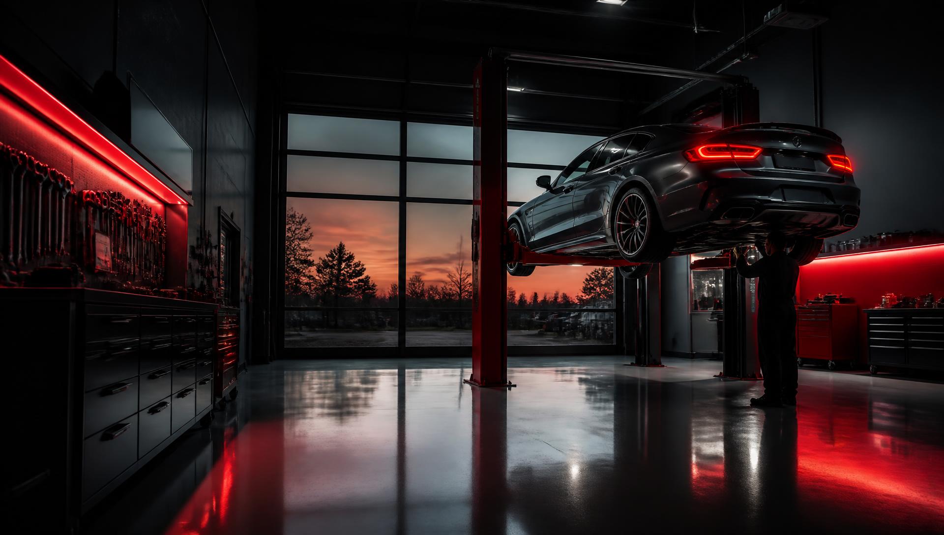 Sports sedan raised on a lift inside the NJ Auto Tech Automotive Specialist service bay