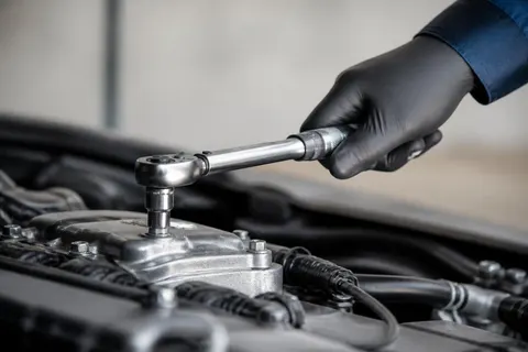 Technician performing a final quality check on a completed engine-bay service before handoff