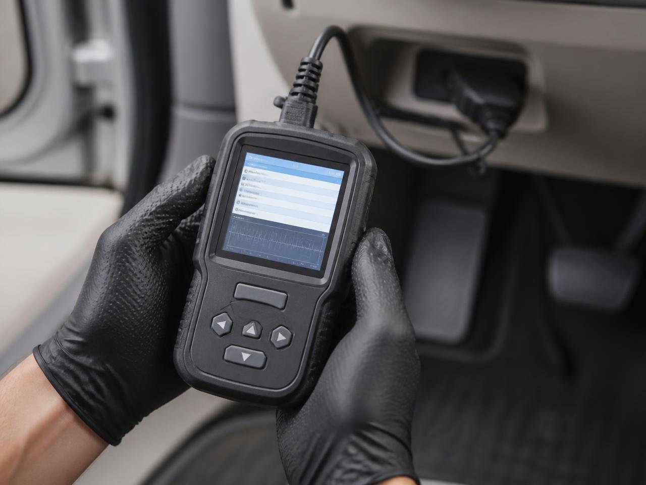 OBD-II diagnostic scanner connected inside a vehicle during diagnostic service